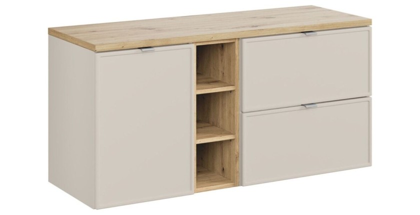 Ensemble BRAZZA : meuble sous vasque et panier à linge cachemire, niches visible et plan pour vasque aspect bois