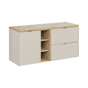 Ensemble BRAZZA : meuble sous vasque et panier à linge cachemire, niches visible et plan pour vasque aspect bois