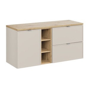 Ensemble BRAZZA : meuble sous vasque et panier à linge cachemire, niches visible et plan pour vasque aspect bois