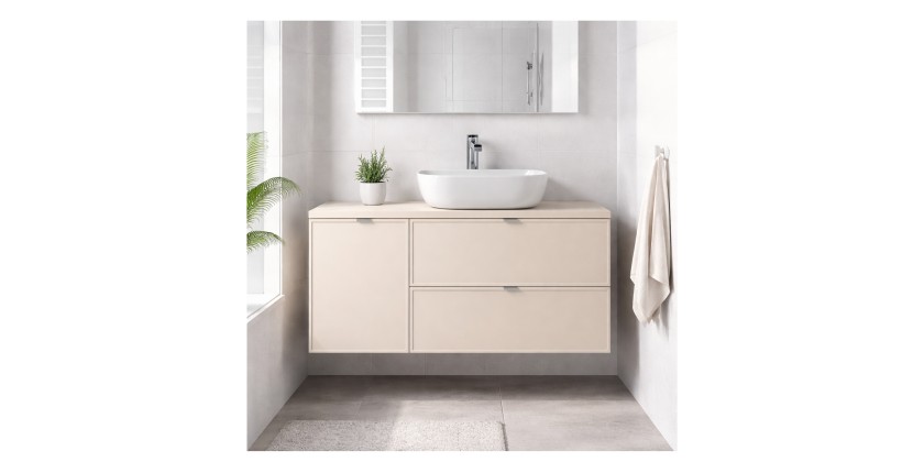 Ensemble BRAZZA 120cm : meuble sous vasque, panier à linge, plan pour vasque et vasque à poser arrondie mis en situation