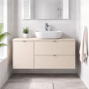 Ensemble BRAZZA 120cm : meuble sous vasque, panier à linge, plan pour vasque et vasque à poser arrondie mis en situation