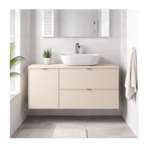 Ensemble BRAZZA 120cm : meuble sous vasque, panier à linge, plan pour vasque et vasque à poser arrondie mis en situation