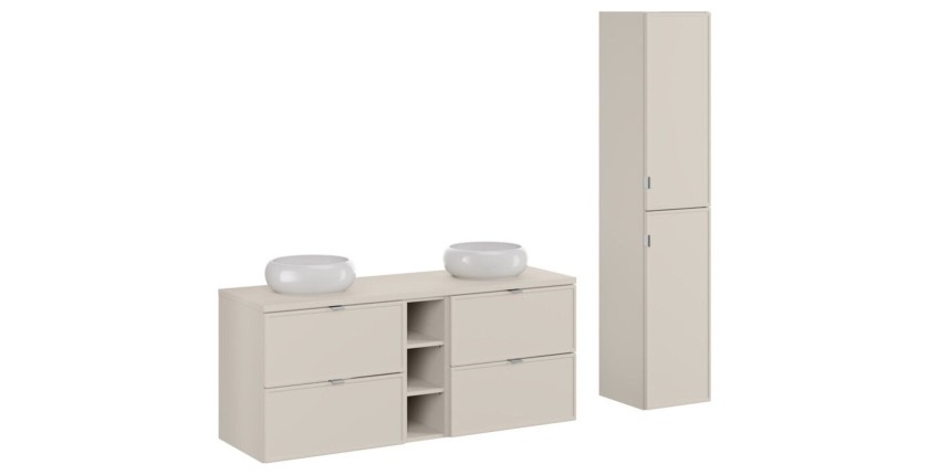 Ensemble BRAZZA 140cm : meuble sous vasque, niches visibles, colonne et vasque à poser ronde