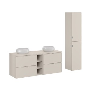 Ensemble BRAZZA 140cm : meuble sous vasque, niches visibles, colonne et vasque à poser ronde