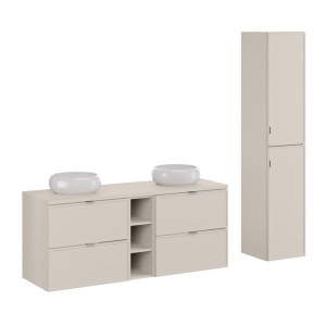 Ensemble BRAZZA 140cm : meuble sous vasque, niches visibles, colonne et vasque à poser ronde
