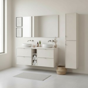 Ensemble BRAZZA 140cm : meuble sous vasque, niches visibles, colonne et vasque à poser ronde mis en situation