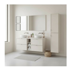 Ensemble BRAZZA 140cm : meuble sous vasque, niches visibles, colonne et vasque à poser ronde mis en situation