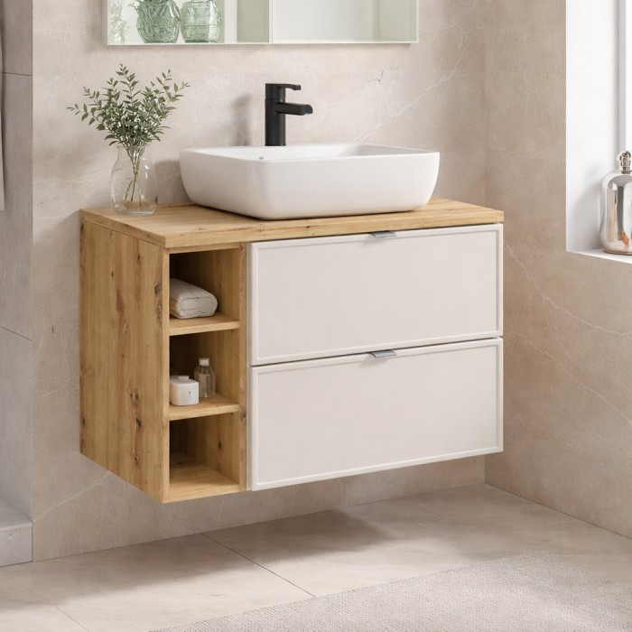 Badezimmer-Set BRAZZA: Waschtischunterschrank Kaschmir 100cm mit sichtbaren Fächern + Arbeitsplatte für Waschbecken in Holzoptik
