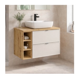 Ensemble BRAZZA 100cm : meuble sous vasque cachemire, niches visibles et plan pour vasque aspect bois mis en situation