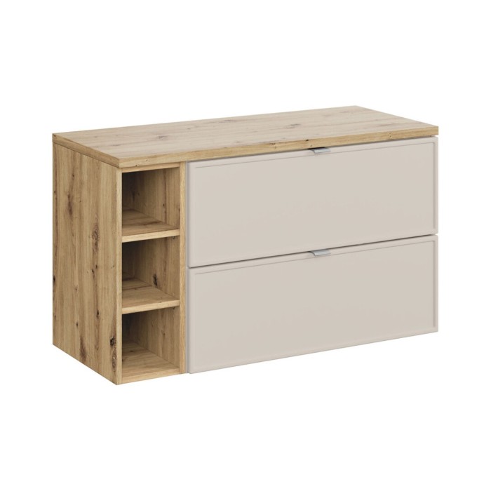 Badezimmer-Set BRAZZA: Waschtischunterschrank Kaschmir 100cm mit sichtbaren Fächern + Arbeitsplatte für Waschbecken in Holzoptik