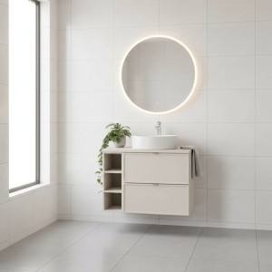 Ensemble BRAZZA 100cm : meuble sous vasque, niches visibles et plan pour vasque cachemire mis en situation