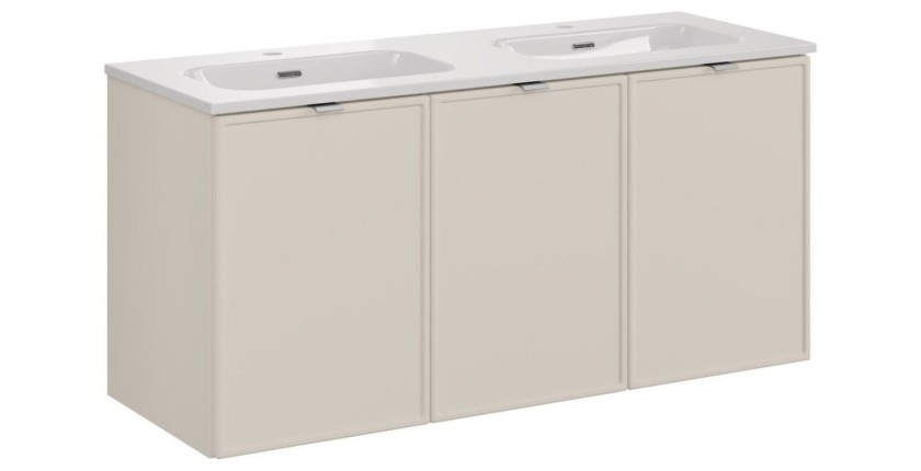 Ensemble BRAZZA 120cm : meuble sous vasque à placards cachemire et double vasque encastrée blanche