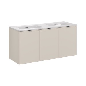 Ensemble BRAZZA 120cm : meuble sous vasque à placards cachemire et double vasque encastrée blanche