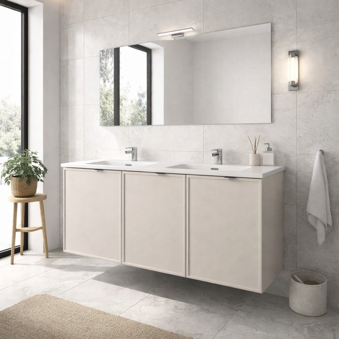 Badezimmer-Set BRAZZA: Waschtischunterschrank 120cm + doppeltes eingelassenes weißes Waschbecken