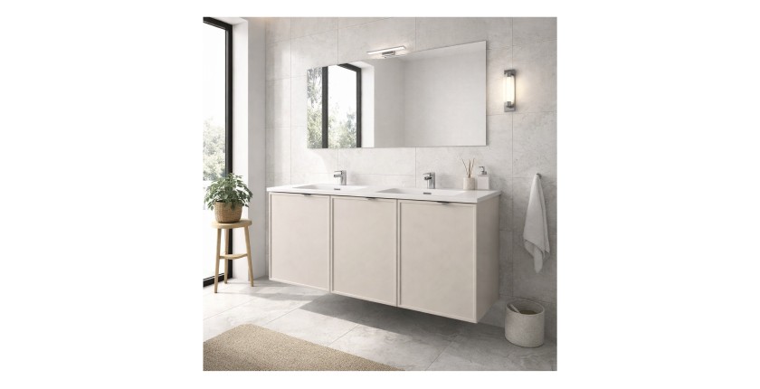 Ensemble BRAZZA 120cm : meuble sous vasque à placards cachemire et double vasque encastrée blanche mis en situation