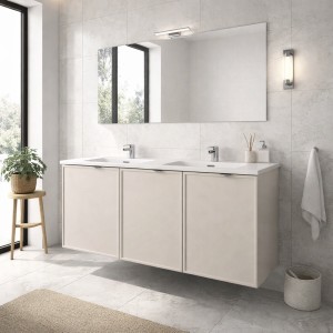 Ensemble BRAZZA 120cm : meuble sous vasque à placards cachemire et double vasque encastrée blanche mis en situation