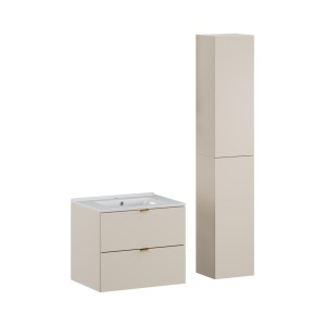 Ensemble BELLA : meuble sous vasque et colonne de rangement cachemire, vasque encastrée blanche