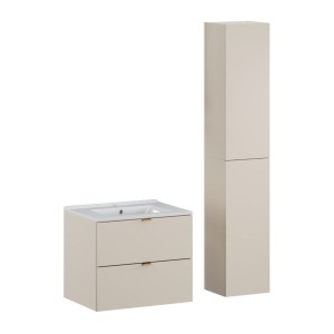 Ensemble BELLA : meuble sous vasque et colonne de rangement cachemire, vasque encastrée blanche