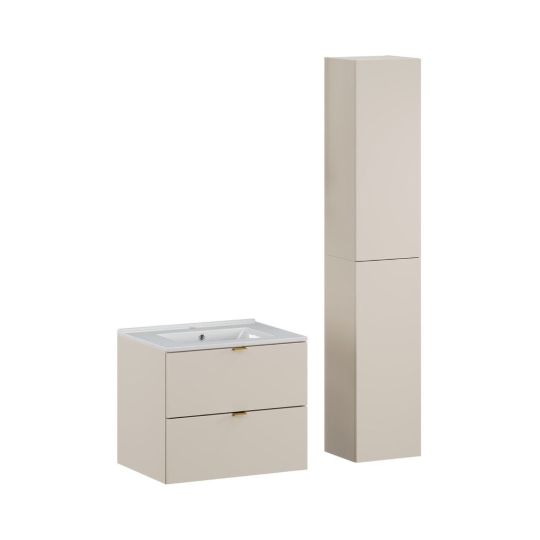 Ensemble BELLA : meuble sous vasque et colonne de rangement cachemire, vasque encastrée blanche