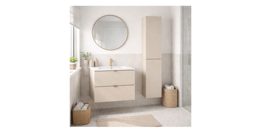 Ensemble BELLA : meuble sous vasque et colonne de rangement cachemire, vasque encastrée blanche mis en situation