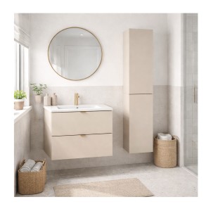 Ensemble BELLA : meuble sous vasque et colonne de rangement cachemire, vasque encastrée blanche mis en situation