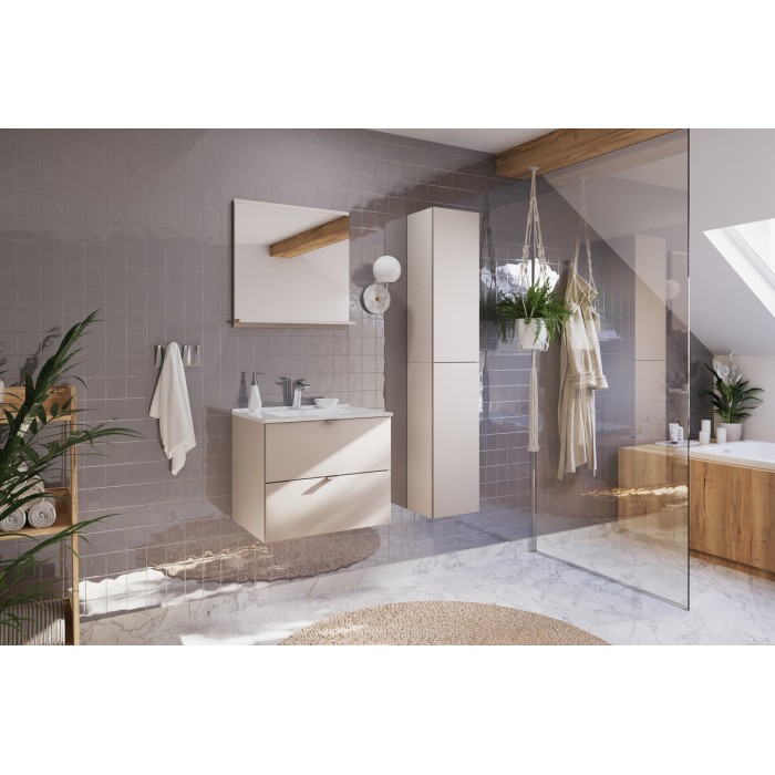 Badezimmer-Set BELLA: Waschtischunterschrank 60cm + eingelassenes weißes Waschbecken + Stauraumsäule
