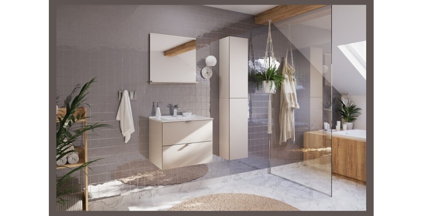 Ensemble BELLA : meuble sous vasque et colonne de rangement cachemire, vasque encastrée blanche mis en situation dans un décor