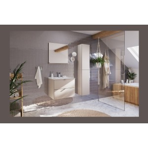 Ensemble BELLA : meuble sous vasque et colonne de rangement cachemire, vasque encastrée blanche mis en situation dans un décor