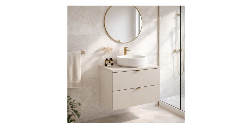 Ensemble BELLA : meuble sous vasque à tiroirs 60cm et plan pour vasque coloris cachemire mis en situation