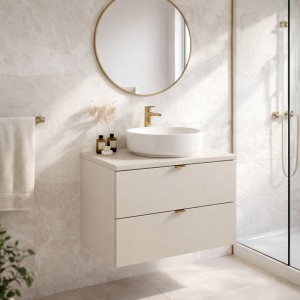 Ensemble BELLA : meuble sous vasque à tiroirs 60cm et plan pour vasque coloris cachemire mis en situation