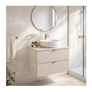 Ensemble BELLA : meuble sous vasque à tiroirs 60cm et plan pour vasque coloris cachemire mis en situation