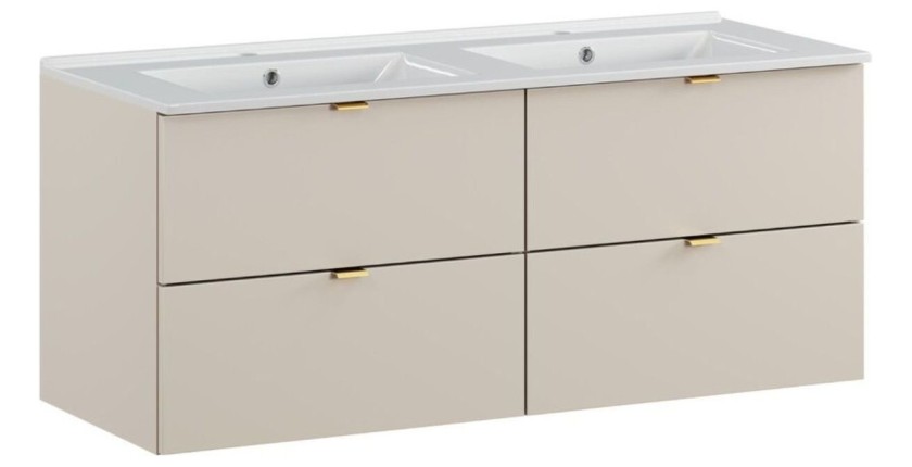 Ensemble BELLA 120cm : meubles sous vasque 60cm cachemire et double vasque encastrée 120cm blanche
