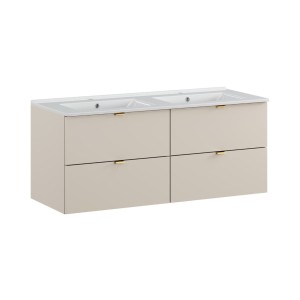 Ensemble BELLA 120cm : meubles sous vasque 60cm cachemire et double vasque encastrée 120cm blanche