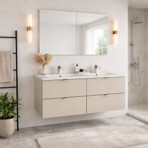 Ensemble BELLA 120cm : meubles sous vasque 60cm cachemire et double vasque encastrée 120cm blanche mis en situation