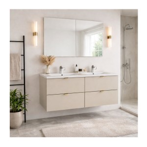 Ensemble BELLA 120cm : meubles sous vasque 60cm cachemire et double vasque encastrée 120cm blanche mis en situation