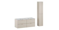 Ensemble BELLA : meubles sous vasque 60cm et colonne de rangement cachemire + double vasque encastrée blanche