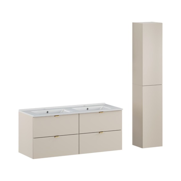 Badezimmer-Set BELLA: Waschtischunterschrank 120 cm + Doppelwaschbecken rechteckig eingelassen + Hochschrank