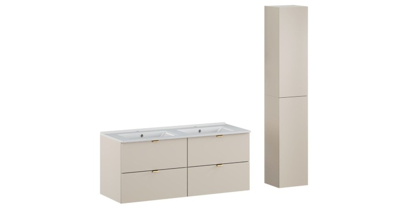 Ensemble BELLA : meubles sous vasque 60cm et colonne de rangement cachemire + double vasque encastrée blanche