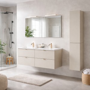 Ensemble BELLA : meubles sous vasque 60cm et colonne de rangement cachemire + double vasque encastrée blanche mis en situation