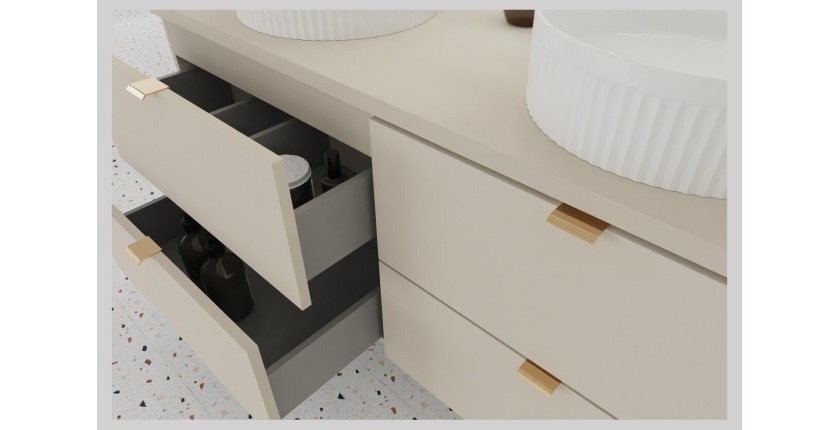 Zoom sur les tiroirs ouvert d'un des meubles sous vasque BELLA coloris cachemire