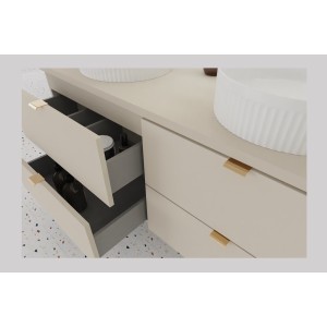 Zoom sur les tiroirs ouvert d'un des meubles sous vasque BELLA coloris cachemire