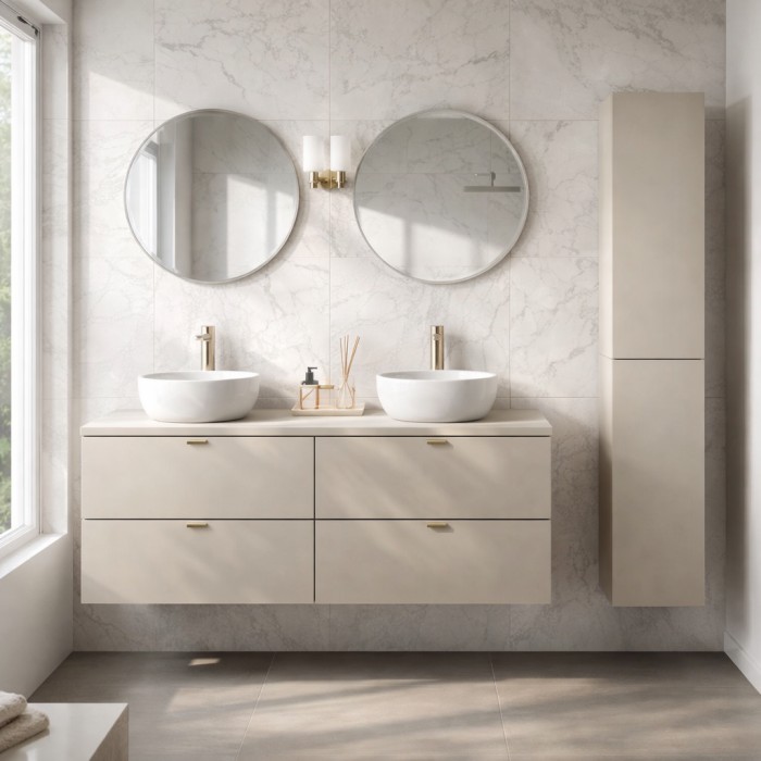 Badezimmer-Set BELLA: Waschtischunterbau 120cm + Waschtischplatte + Stauraumsäule