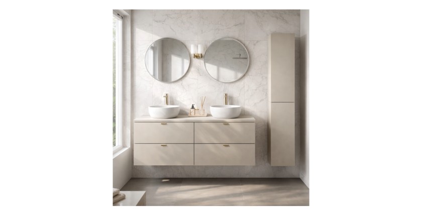 Ensemble BELLA : meubles sous vasque 60cm, plan pour vasque 120cm et colonne cachemire mis en situation