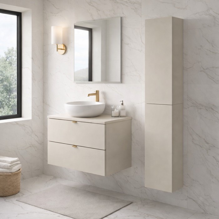 Badezimmer-Set BELLA: Waschtischunterschrank 80cm + Waschtischplatte + Hochschrank
