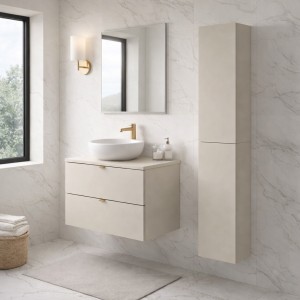 Ensemble BELLA : meuble sous vasque 80cm, plan pour vasque et colonne cachemire mis en situation