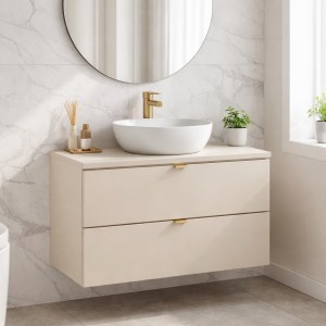 Ensemble BELLA 80cm : meuble sous vasque à tiroirs et plan pour vasque coloris cachemire mis en situation