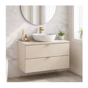 Ensemble BELLA 80cm : meuble sous vasque à tiroirs et plan pour vasque coloris cachemire mis en situation