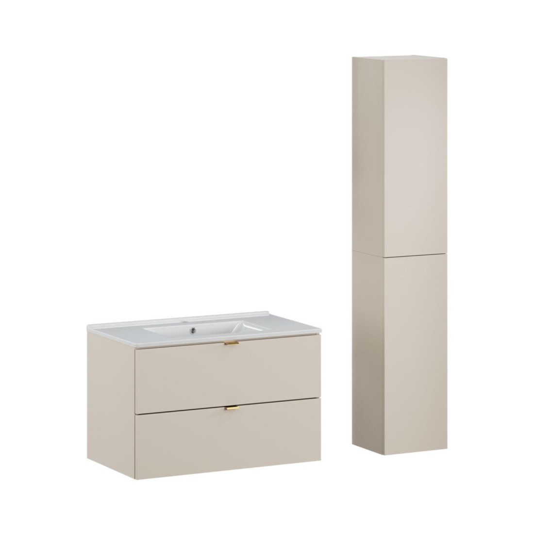 Ensemble BELLA : meuble sous vasque 80cm cachemire, colonne de rangement cachemire, vasque à encastrer blanche