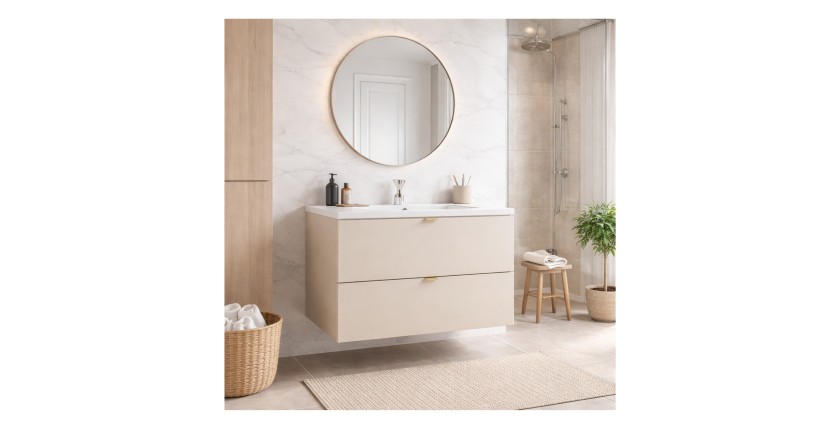 Ensemble BELLA 80cm : meuble sous vasque cachemire et vasque encastrée blanche mis en situation