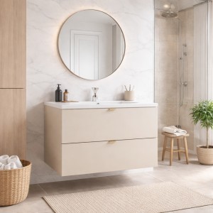 Ensemble BELLA 80cm : meuble sous vasque cachemire et vasque encastrée blanche mis en situation